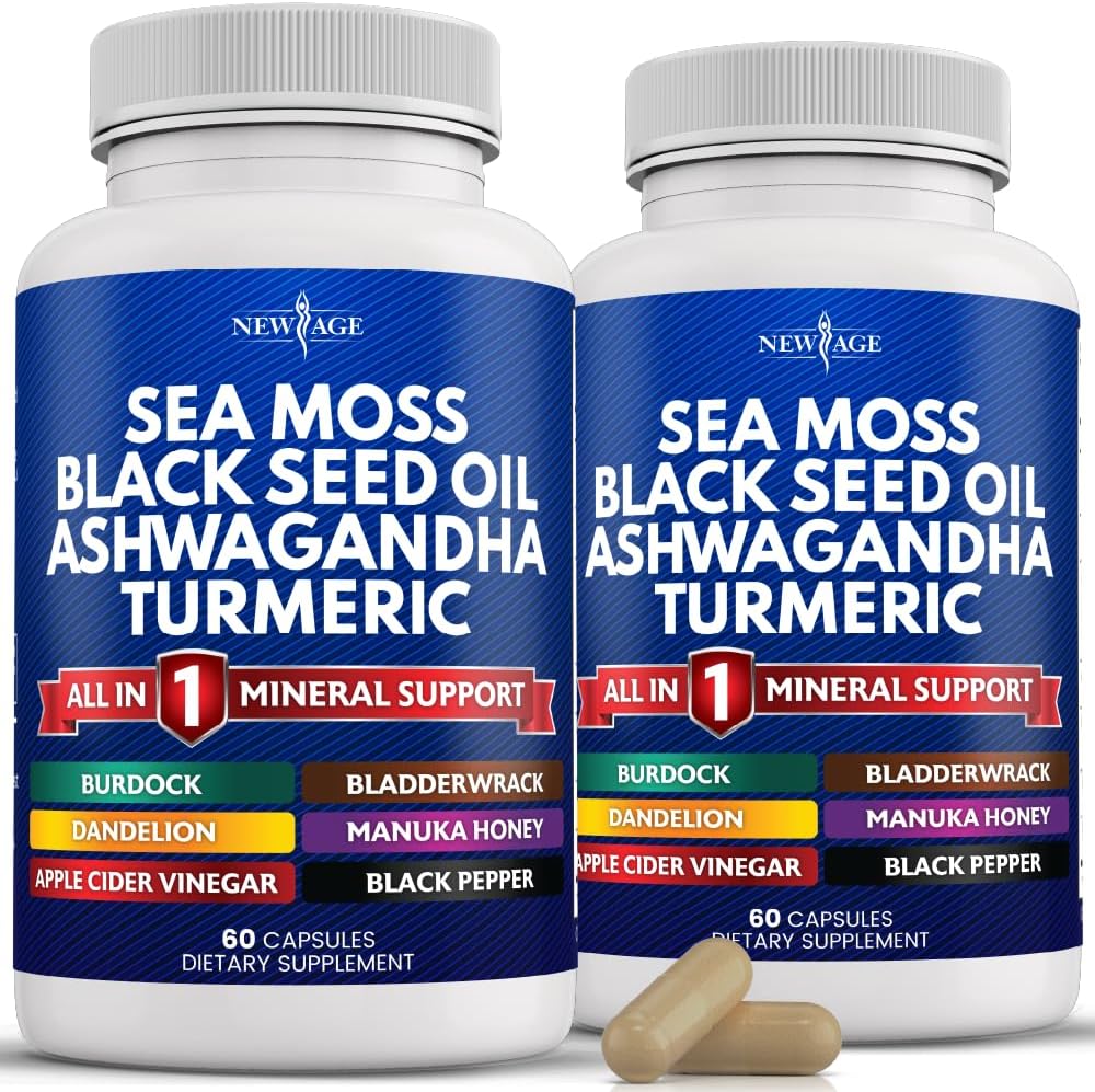 NEW AGE Sea Moss Capsules Black Seed Oil Ashwagandha Turmeric Bladderwrack Burdock - Manuka, Bal Dandelion, ACV Black Pepper Gluten Pulsuz