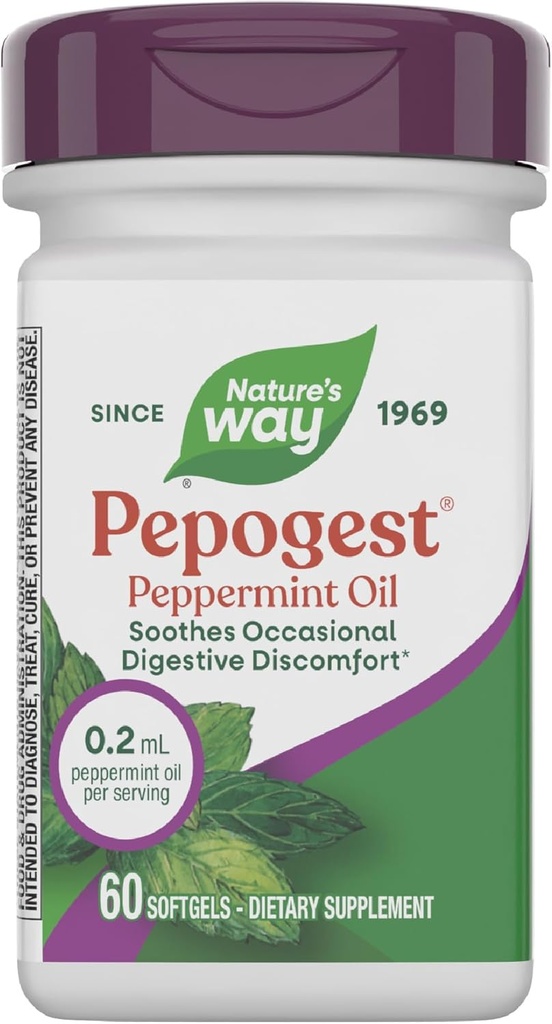 Nature's Way Pepogest Peppermint Oil, Beruhigt Occasional Gastrointestinal Discomfort*, Enteric Coated Peppermint Oil Softgels, 60 Softgels (Packaging May Vary)
