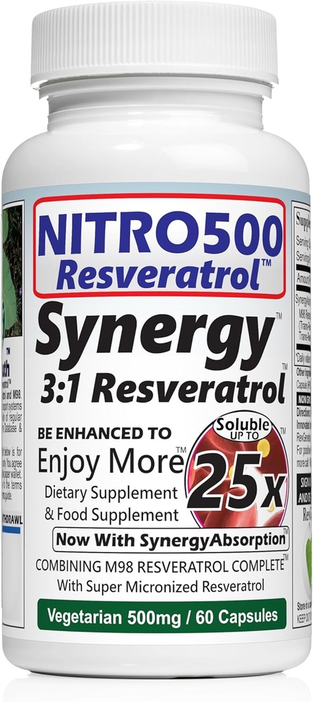 Nitro sinergija Resveratrol (Nitro500) su iki 25x tirpumas - 60 Vegetariškų kapsulių - 30 Servings - 500 mg per Tarnavimas
