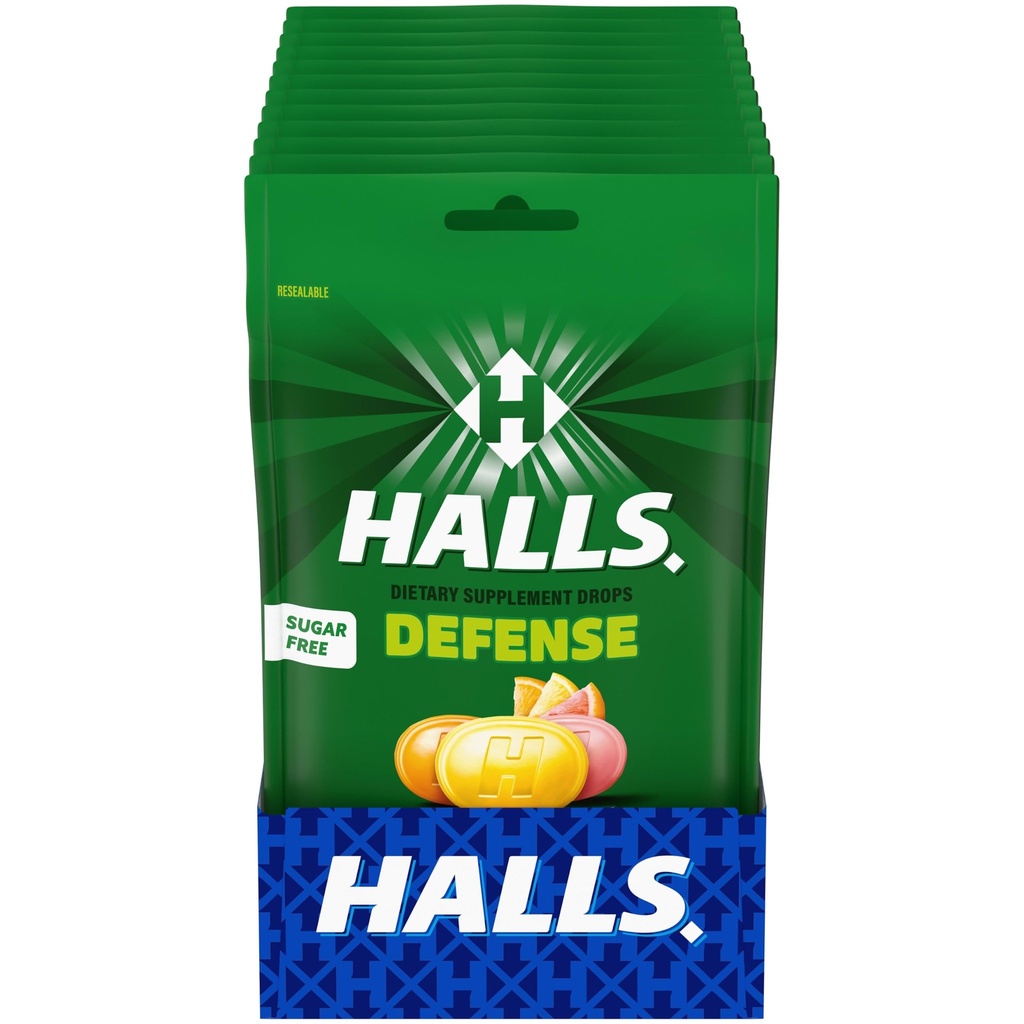 HALLS Defense Citrus Sugar Free Vitamin C Dietary Supplement Drops, 300 ct | Throat Drops, 12 Bags of 25
