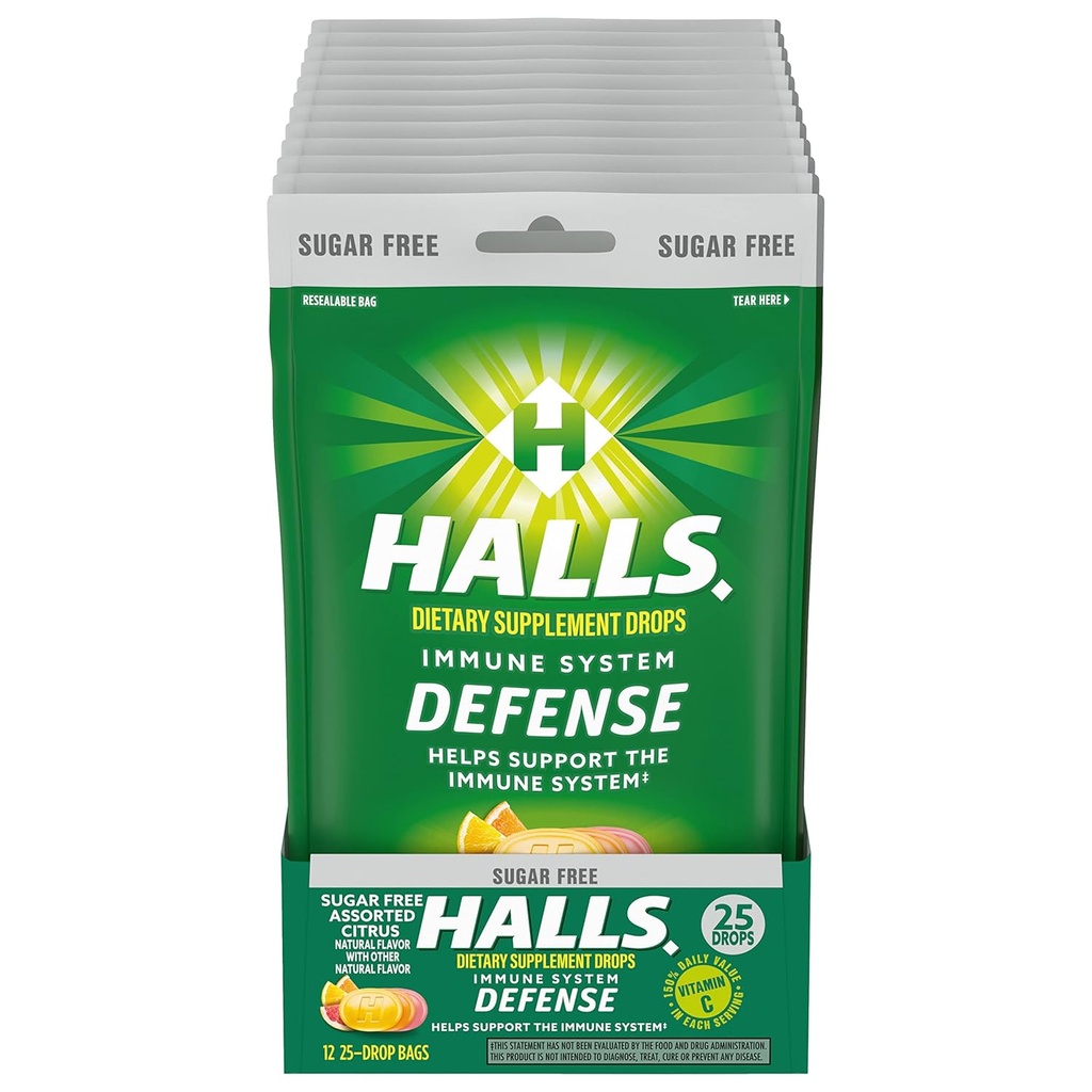 HALLS Defense Rôzne Citrus cukor bez vitamín C kvapky, Dietary Supplement Drops, 12 Vrecúšok 25 kvapky (300 Celkové kvapky)