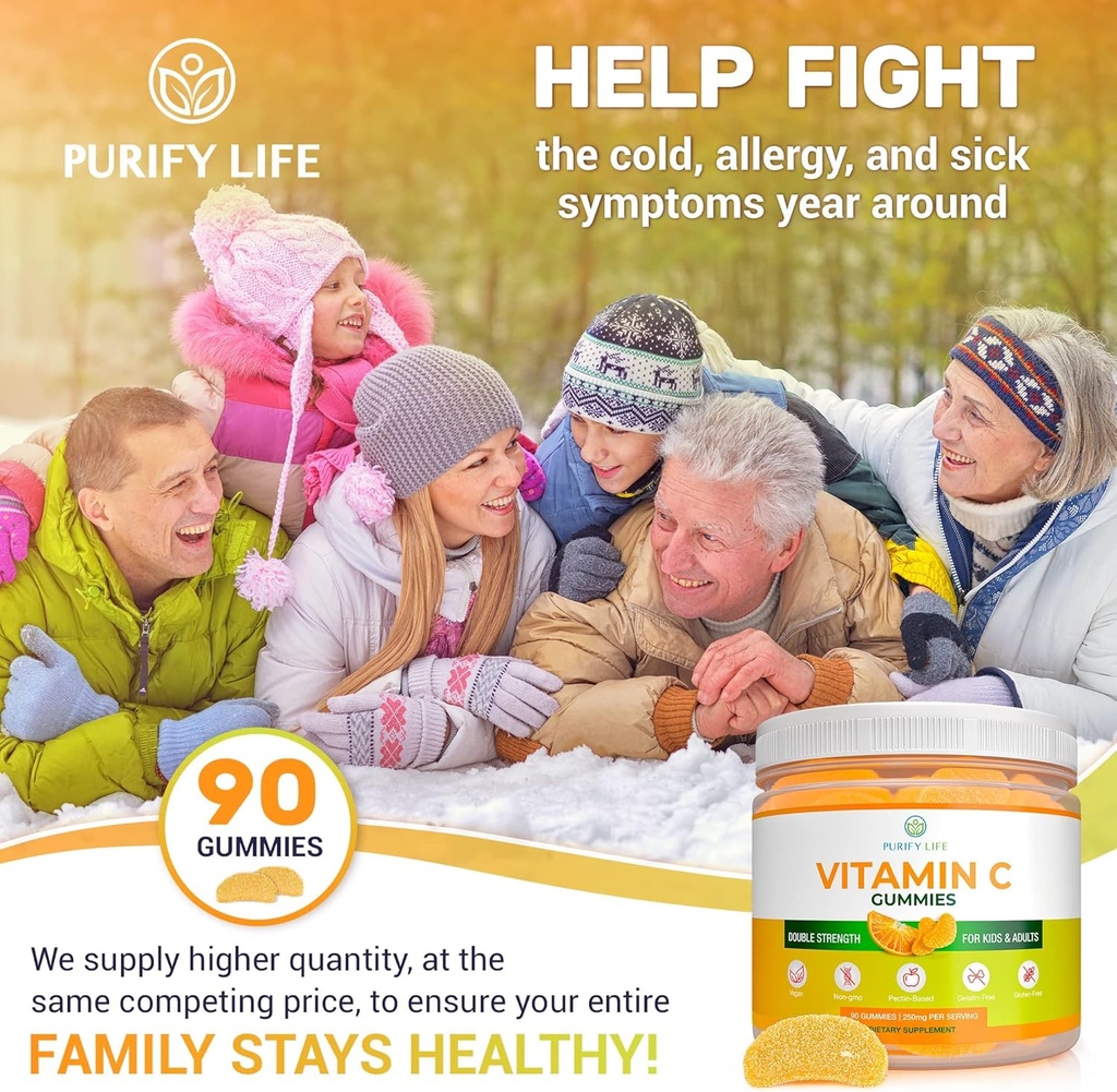 Potent Vitamin C Gummies for Adults & Kids (Bulk - 90 Chews), Vegan Vitamin C Chewables för Double Strength Immune Support, Gelatin och Gluten-Free Gummy, Ersätter VIT C piller, tabletter & Syrup
