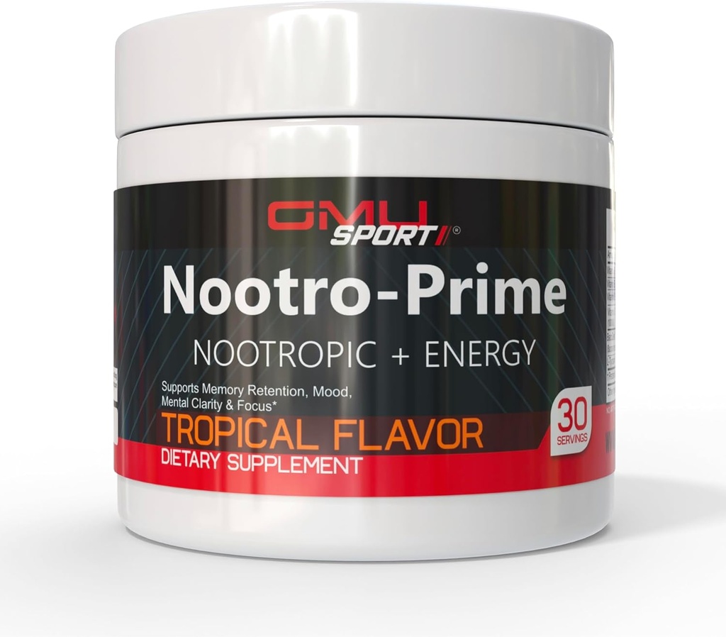 Nootro-Prime Brain Boost - Focus Brain Supplement - Mushroom Supplement pulver med Alpha GPC, Nootropic Brain Supplements for minne og fokus med Lions Mane, 30 Serveringer, Tropisk Flavor