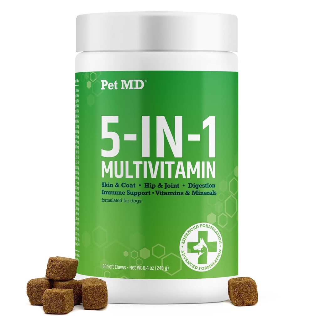 Pet MD 5-in-1 Dog Multivitamin - 30 Key Nutrients for Wellness - 60ct | For Hip & Joint Health, Immune Function, Healthy Skin & Shiny Coat, and Digestive Support - Senior Dog & Puppy Vitamins
