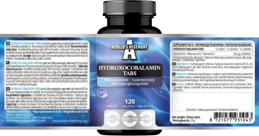 Hydroxokobalamin 100 µg na servírování - Vitamin B12- 120 Vegan Tablety - 480 Servings - Podporuje nervový systém a snižuje únavu - Dietní dodatek Apollo Hegemonie