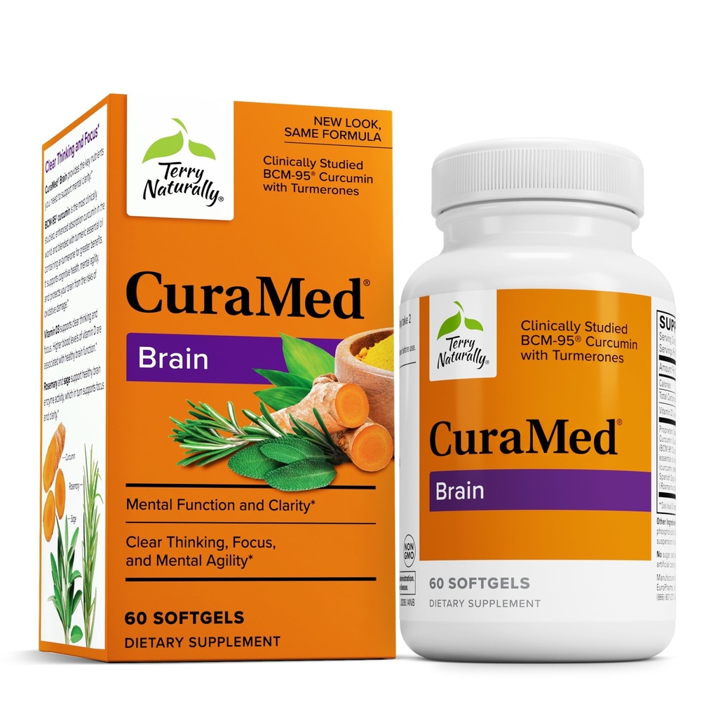 Terry Naturally CuraMed Brain - Clarity, Focus and Memory Supp - 60 Count | BCM-95, Curcumin, Sage. Clarity, Focus and Memory Support. 60 softgels.