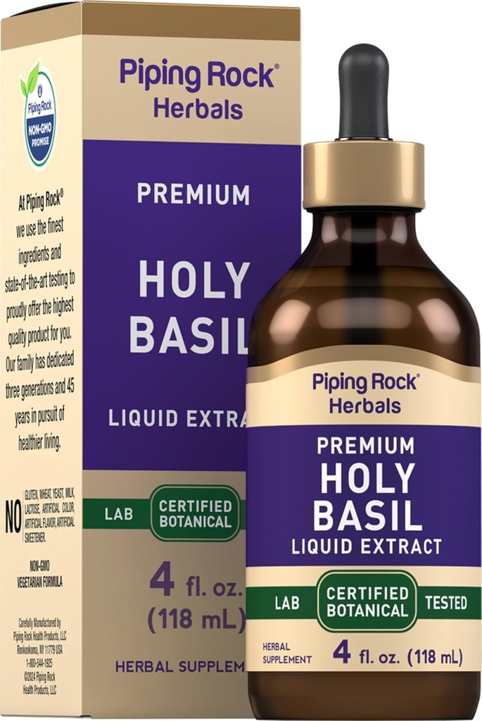 Piping Rock Holy Basil Liquid Extract  по 4 Fl Oz  по Tulsi Leaf Tincture - Вегетарианска, без GMO, без глутенова добавка