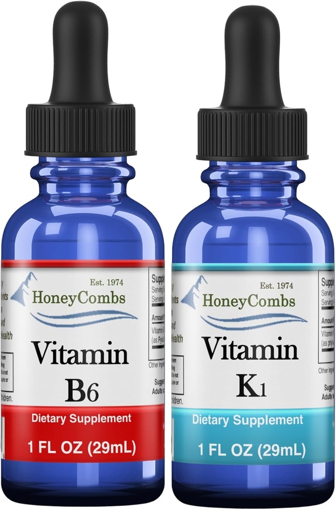 HoneyCombs Vitamin B6 & K1 Drops – Liquid Pyridoxine & Vitamin K Extracts for Vegan, Supports Overall Health, Non-GMO Vitamin Liquid Extract, 1 fl oz Each
