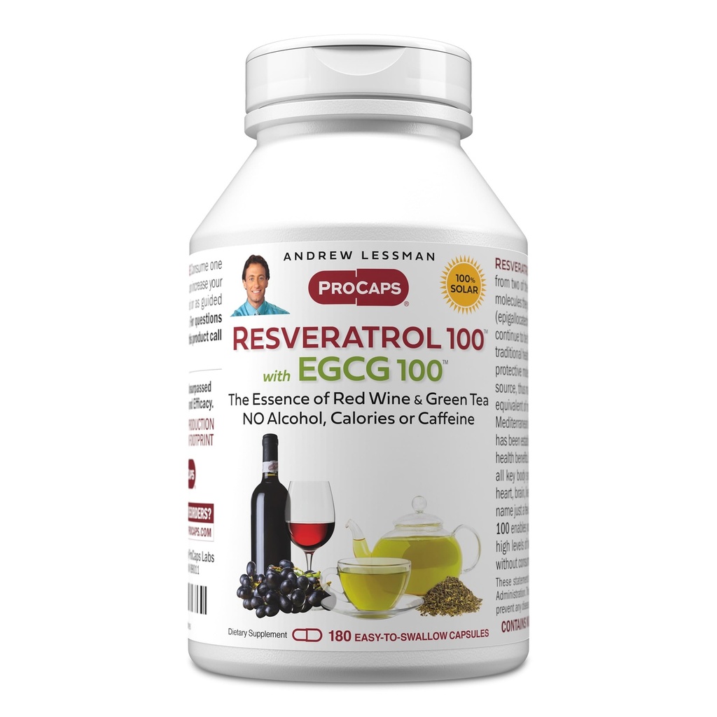 ANDREW LESSMAN Resveratrol-100 EGCG 100mg - 180 Capsules - Two Naturally Occurring Anti-oxidants, Without Alcohol or Caffeine.