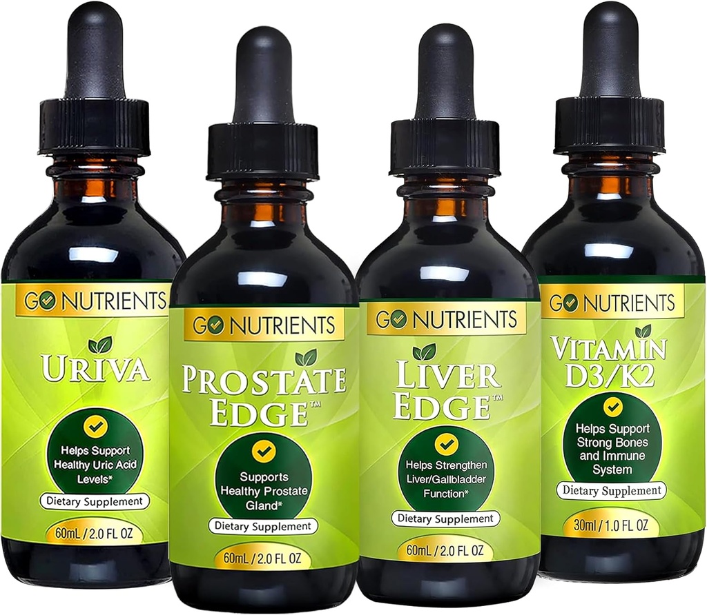 Go Nutrients Health Bundle - Vitamin D3/K2, Liver Edge, Prostate Edge, Uriva — Comprehensive Support for Bone, Liver, Prostate, and Uric Acid Health - Boosts Energy, Vitality, and Body Defense