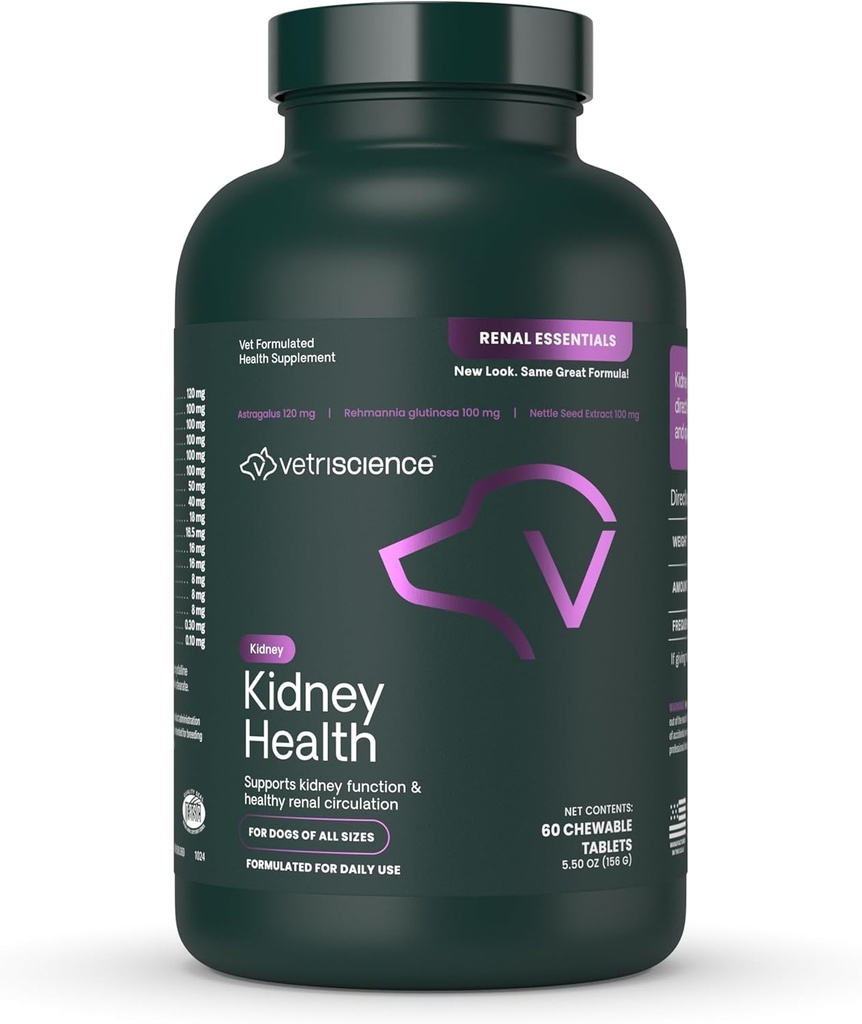 VetriScience Kidney Health Chewable Tablets, Renal Essentials Ergänzung für Hunde, Urinary Tract und Nieren Unterstützung mit Pilz, Astragalus Root, Nettle Seed und Kräuter, Rauch, 60 Zähler