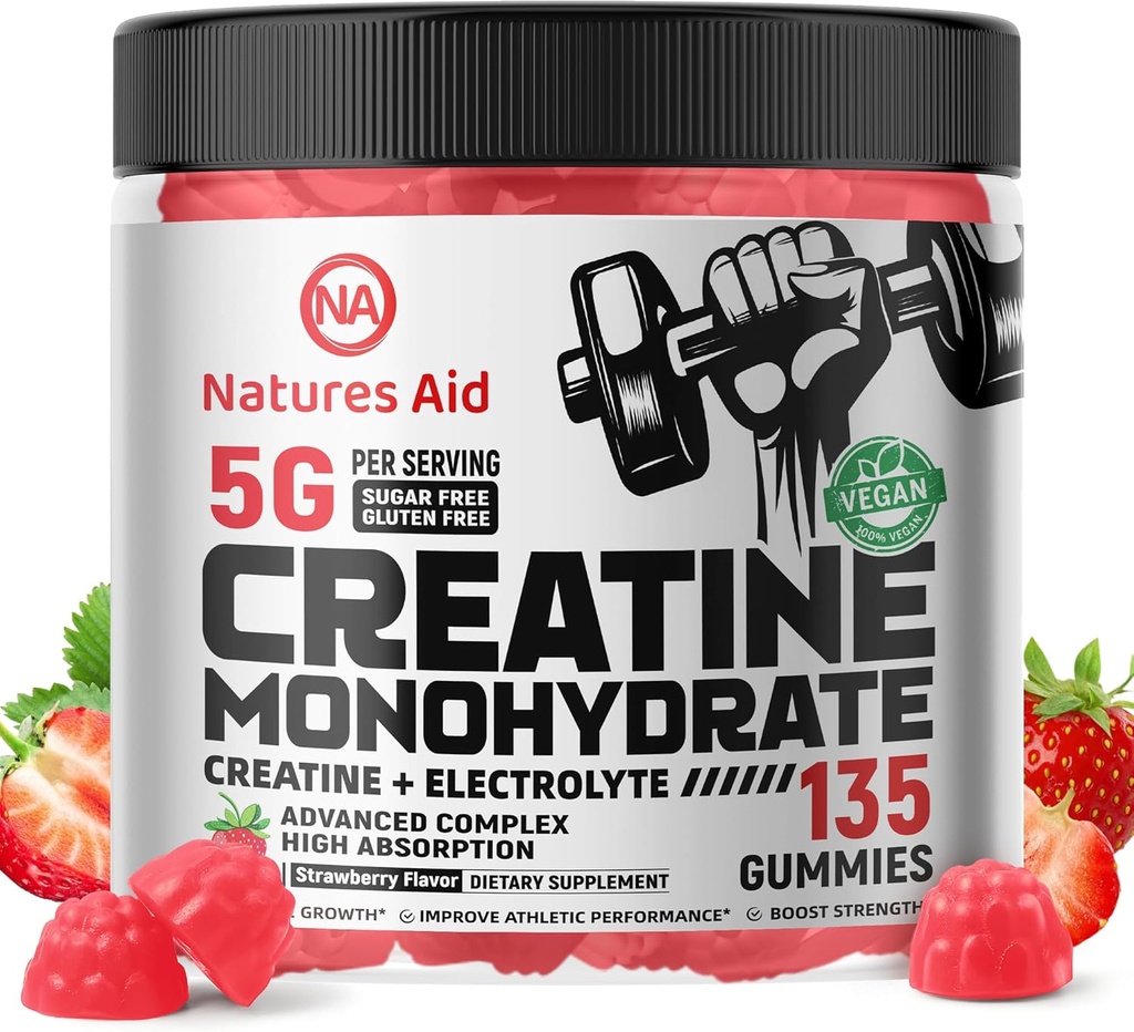 Natures Aid Creatine Monohydrate Gummies (5g) - Pre-Workout Energy & Muscle Growth Support för Män & Kvinnor | Strawberry Electrolyte Gummies (135 greve)