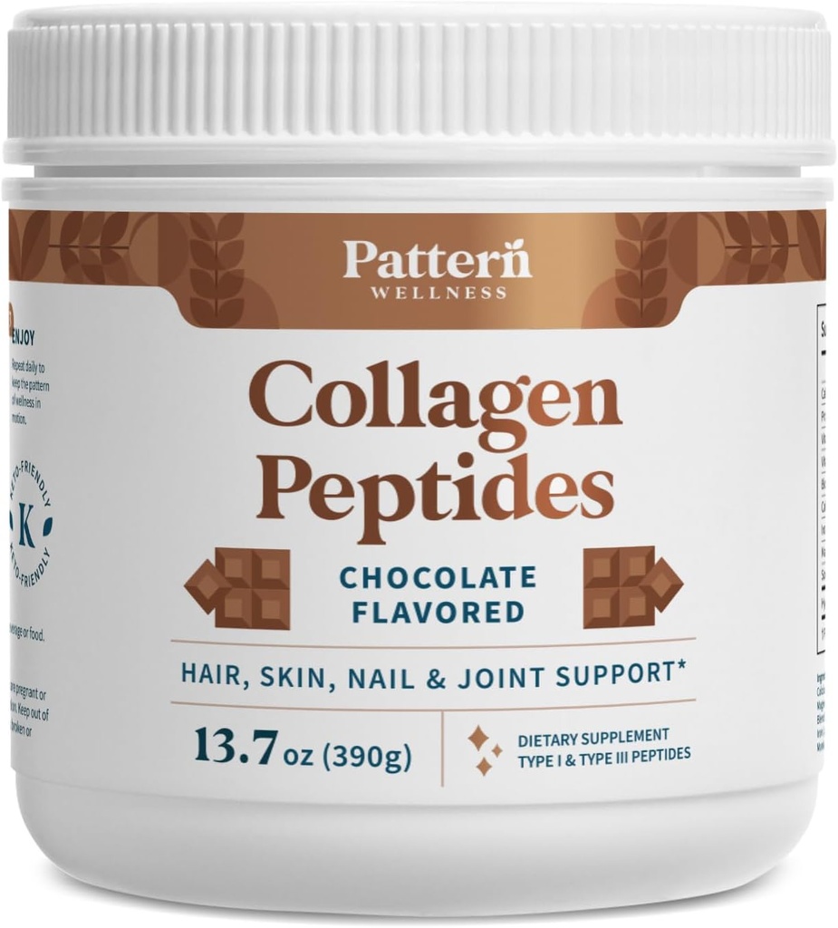 Patrón Wellness Collagen Peptides Powder (Tipo I & III) - Cabelo, Nails, Skin and Joint Health - Grass Fed & Pasture Raised - Hydrolyzed Collagen, Non-GMO, Dairy Free, & Keto - Chocolate (13 Oz)