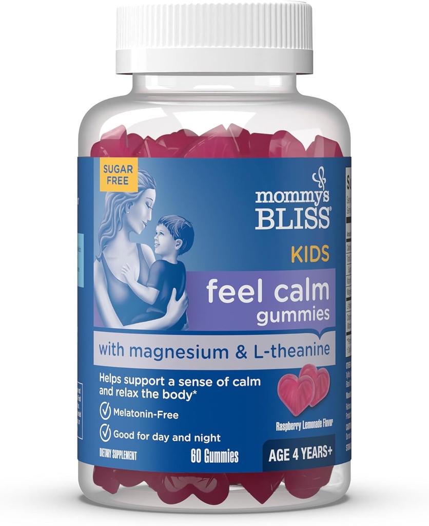 Mors Bliss Kids Feel rolige gummies, Support en følelse af rolig og slap Kroppen, Lavet med Magnesium, L-theanin, Sukker Free Raspberry Lemonade Flavor, Alder 4 +, 60 gummies