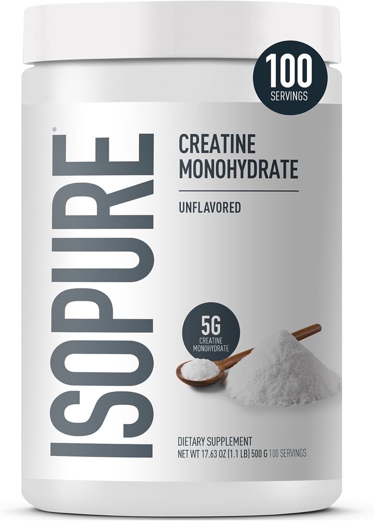 Isopure 100% Pure Creatina Mono-hidratado em pó, Açúcar Livre, Sem sabor, 5g Creatina Mono-hidratado por serviço, 1,1 Lbs, 100 Servings (Packaging May Vary)