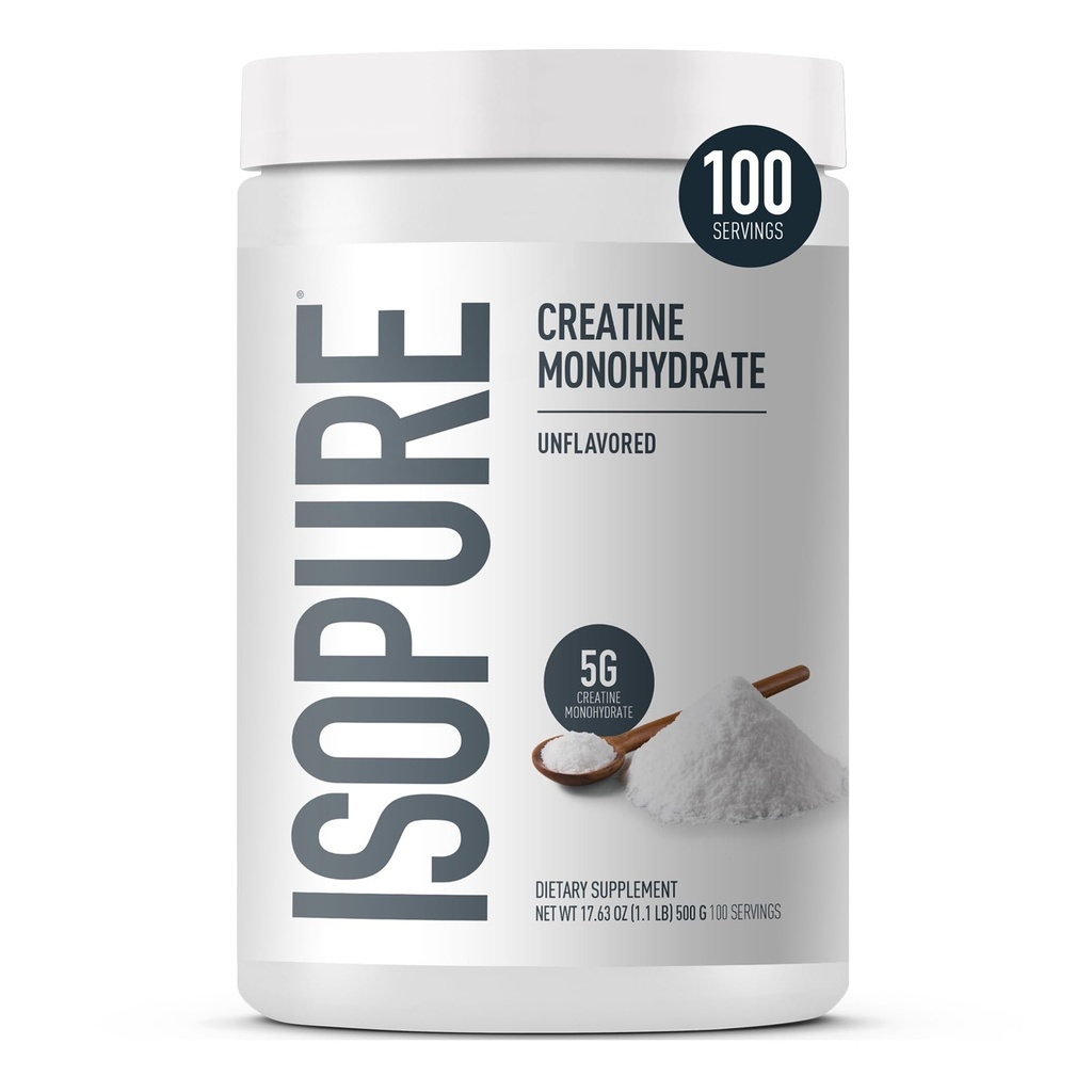Isopure 100% Pure Creatine Monohydrate Powder, Sugar Free, Unflavored, 5g Creatine Monohydrate Per Serving, 1.1 Lbs, 100 Servings (Packaging May Vary)