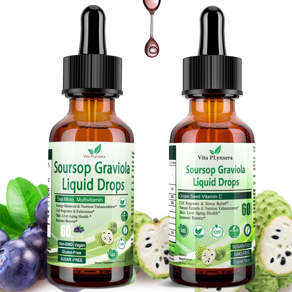 2 Pack Soursop Bitters Liquid Organic Soursop Extract Multivitamiini Drops w. Sea Moss, Rypäleensiemeniä, Elderberry, jalostamaton Soursop Oil for Skin, Immuuni Boost, Digestion Aid