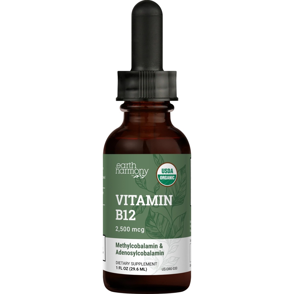 Earth Harmony Naturals Organic Vegan Vitamin B12 Sublingual Liquid Supplement - 2500mcg Methylcobalamin Drops for Natural Energy, Metabolism Health and Immune System Support - 1 Fl Oz