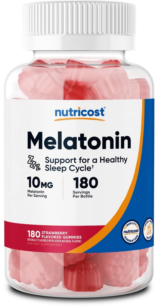 Nutricost Melatonin 10mg, 180 Gummies, Strawberry Flavored - Gluten Free, Non-GMO, No Corn Syrup
