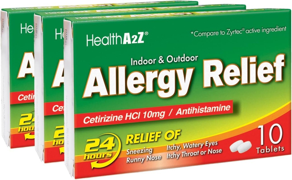 HealthA2Z® Allergi relief | Cetirizine 10mg | Heldag Allergi relief | Innendørs og Utendørs | Relief fra Itchy Throat, Sneezing, Runny Noses (10 greve (Pack of 3))