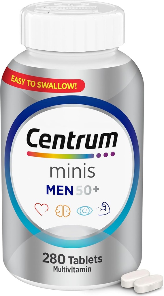Centrum Minis Silver Multivitamin for Men 50 Plus, Multivitamin/Multimineral Supplement, D3 bitamina, B-Vitamins eta Zinc, Ez-GMO Osagaiak, Adinekoen Memoria eta Kognizioa onartzen ditu - 280 Ct