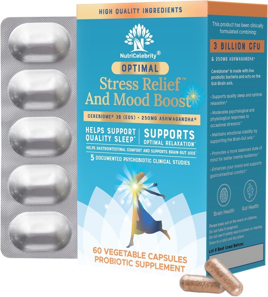 Nutrikelebrity Optimal Stress Relief Supplement, Mood Support, Søvnhjelp, Ashwagandha Organic, KSM-66, Brain Focus, Probiotika for kvinner, Gut helse, Vegansk ikke GMO 60 dagers forsyning - 2 pakke