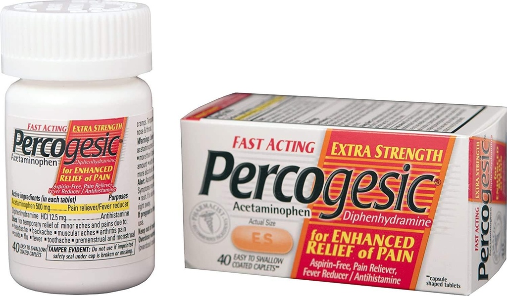 Percogesic Aspirin Free Pain Relief Tablets, Extra Strength, Acetaminophen and Diphenhydramine, 40 ct (Pack of 1)