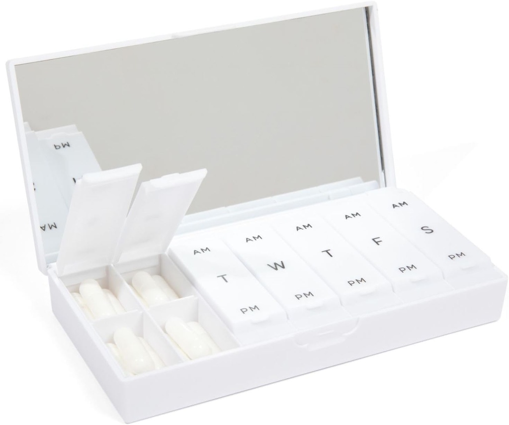 PORT X POLISH Designer Weekly Pill Box Organizer (AM/PM 2X Daily, Crisp White) | Compact, Stylish 7-Day Vitamin Supplement Case | Cut Portable Mini Travel Medicine Carrier | BPA-Free Pillbox Caddy