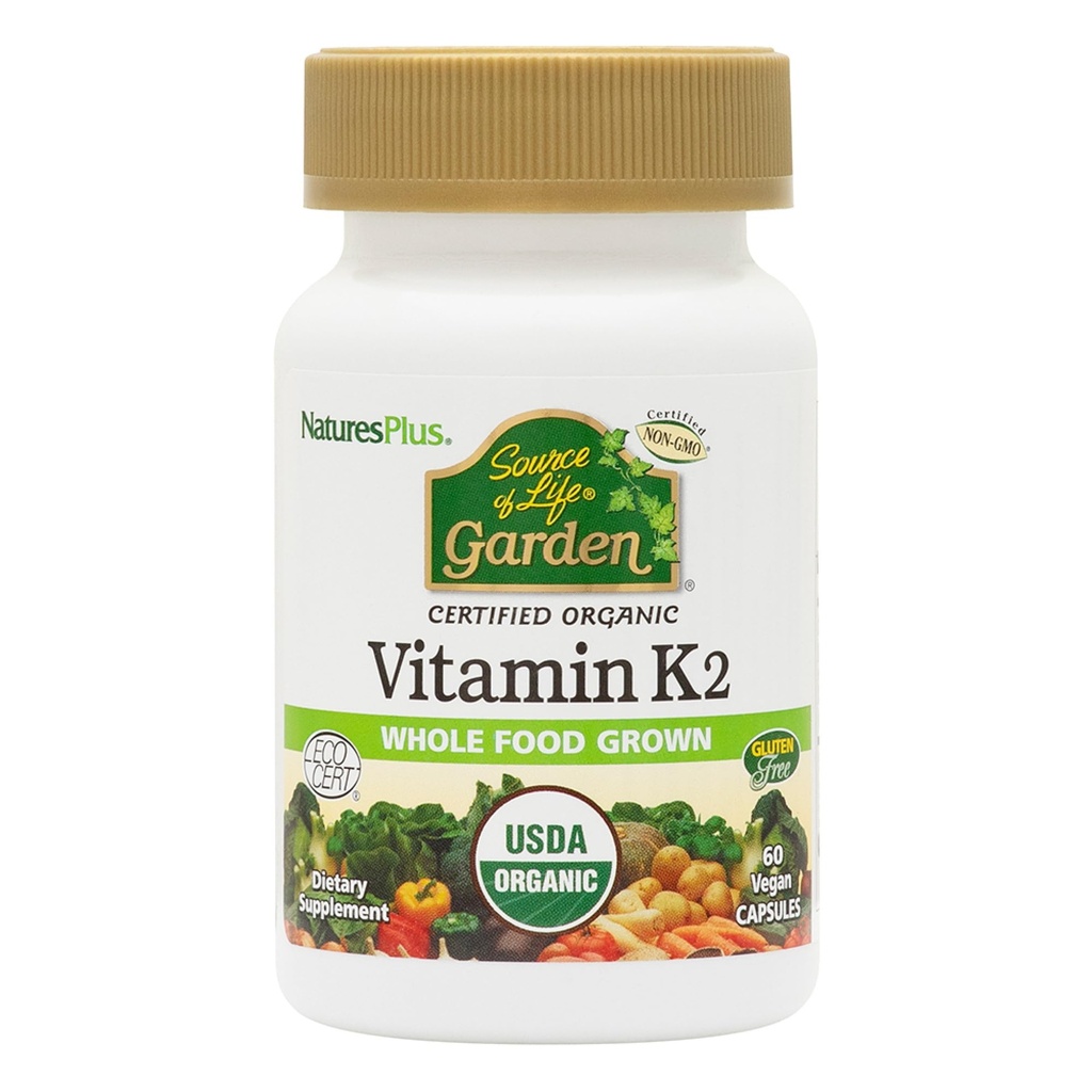 NaturesPlus Source of Life Garden Vitamin K2 - 60 Capsules, Pack of 2 - Supports Healthy Bones - USDA Certified Organic, Non-GMO, Vegan, Gluten Free - 120 Total Servings