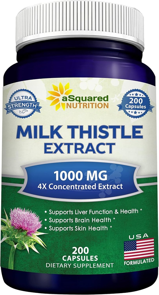 aSquared Nutrition Milk Thistle Supplement 1000mg- 200 Capsuls, Max Strength 4X Συμπυκνωμένο εκχύλισμα 4:1 Milk Thetle Powder Herb Powder Pills, 1000 mg Silymarin Extract for Liver Support, Cleanse, Detox