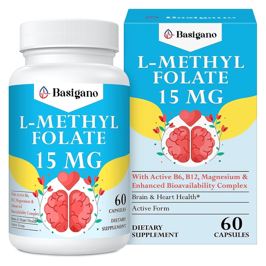 15mg L Methylfolate (5-MTHF)- Active Folic Acid-Enriched with Vitamins B6 and B12-60 Vegetarian Capsules - Non-GMO, Gluten-Free