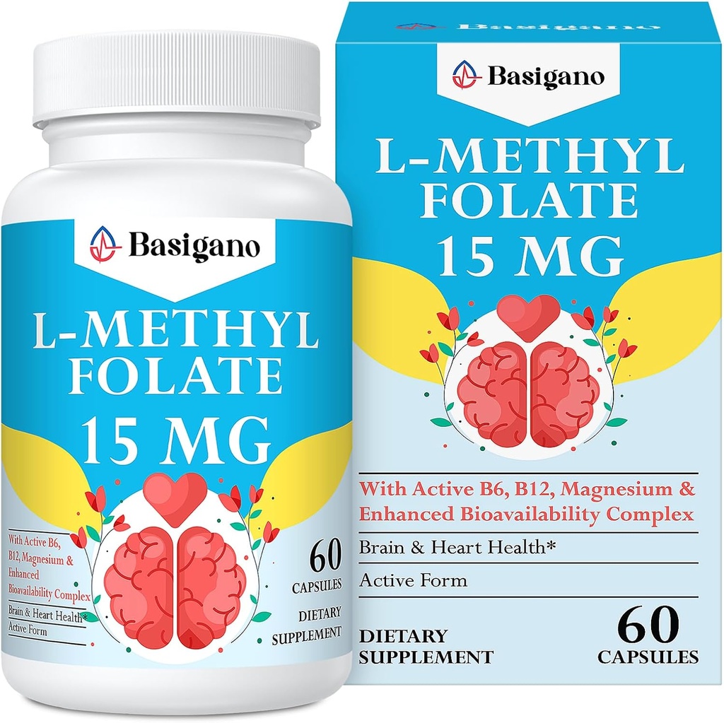 15mg L Methylfolate (5-MTHF)-Bluten-Enriched with B6 và B12-60 Vegetarian Capsules - Non-GMO, Gluten- Free