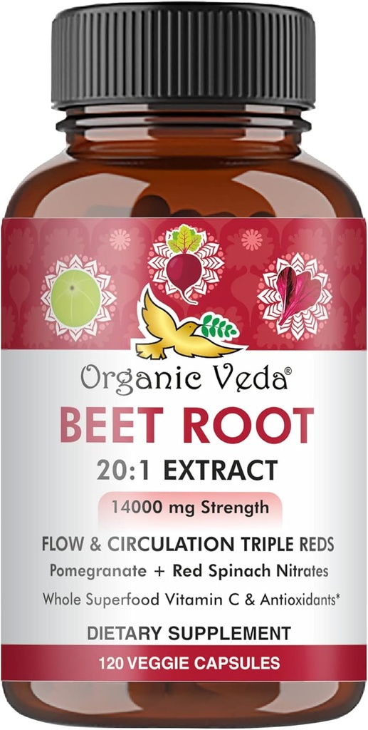 Organic Veda Beet Root Capsules - Triple Reds Nitric Oxid Bees Kosttilskudd - Konsentrert Nitrater og vitamin C Blanding av Beet Root Extract, Rød Spinat, Pomegranat, Black Pepper - 120 Kapsler