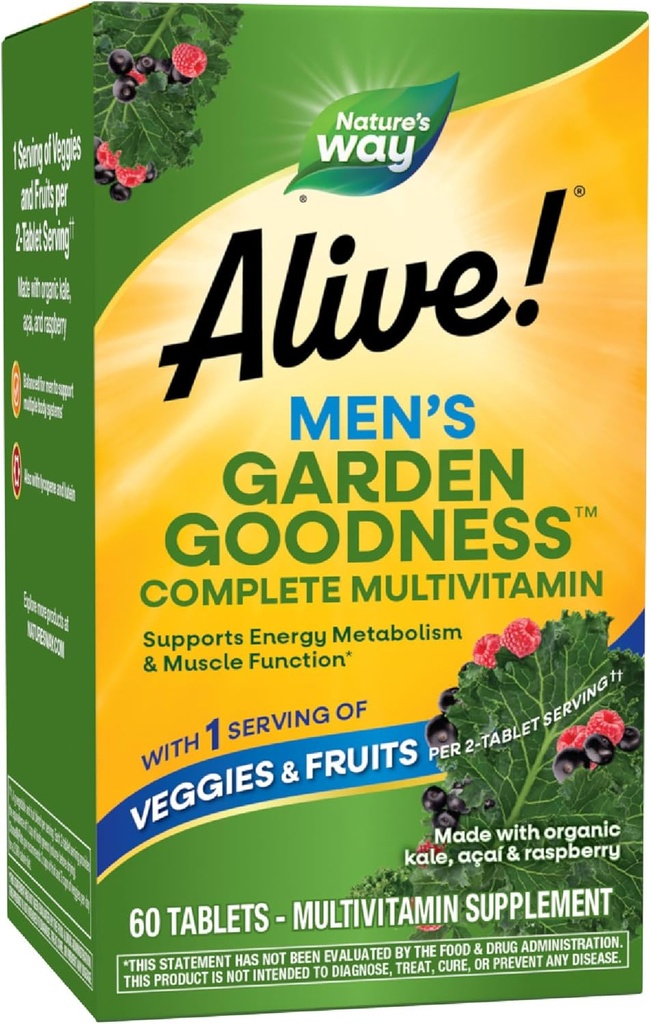 Nature's Way Alive! Gartengüte Herren Multivitamin, Ein Servieren von Gemüsen und Früchten*, Hohe Potenz B-Vitamine, 60 Tabletten