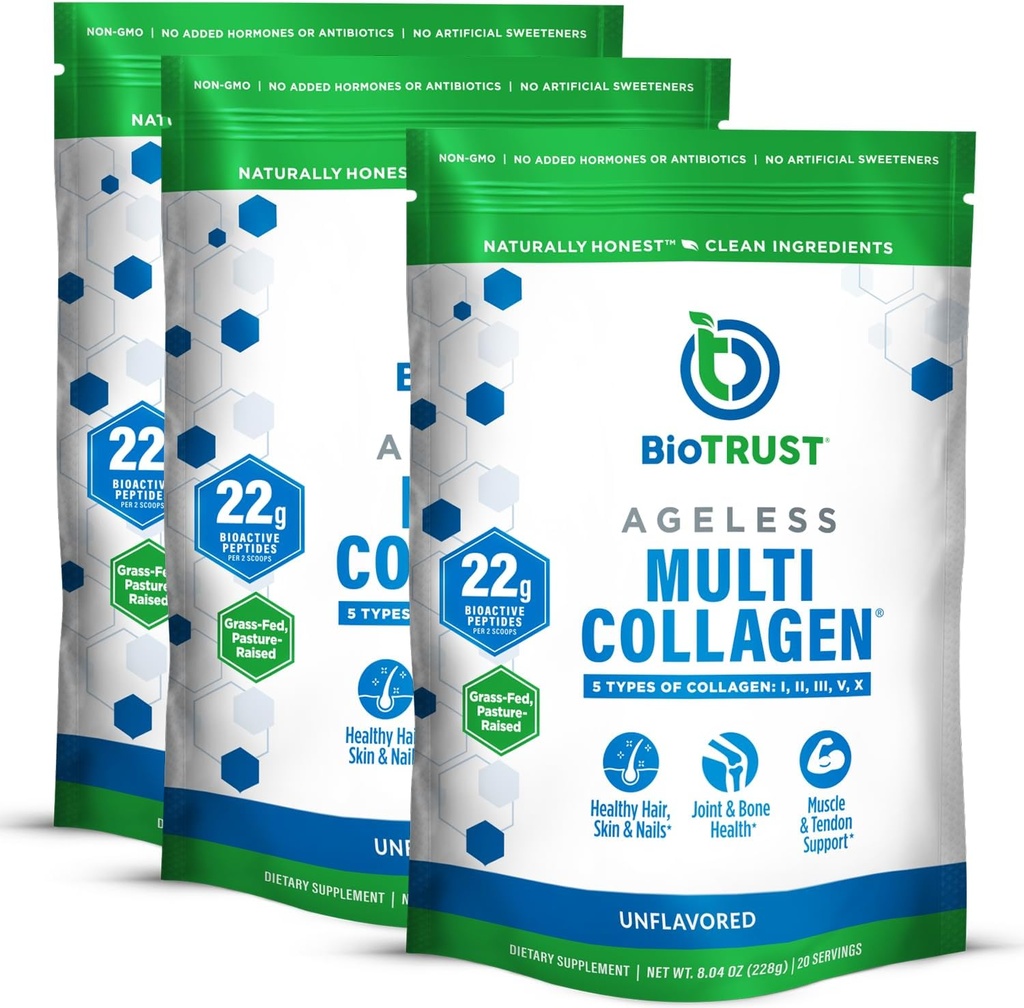BioTrust Ageless Multi Collagen Peptides Powder – 5 Arten (I, II, III, V, X) – Unflavored Collagen Powder for Women & Men – Hydrolyzed Protein – Grass Fed Beef, Fish, Chicken, Eggshell Membrane, 3-pk