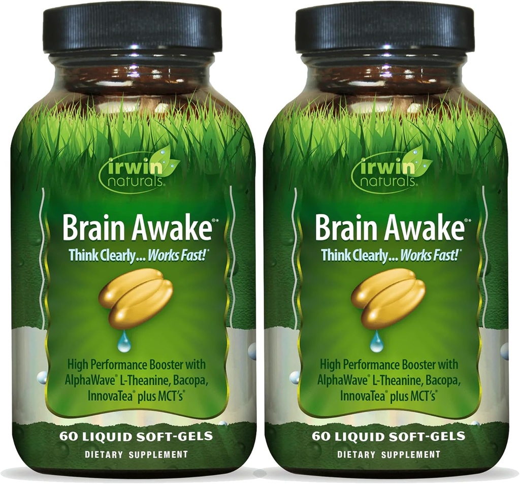 Irwin Naturals Brain Awake - 60 Liquid Softgels, iepakojumā 2 - Uzlabota Garīgā Veiktspēja, Palielināta Focus, Skaidrums & Koncentrācija - Nootropais Booster ar L-Teanīnu, Bacopa, MCT