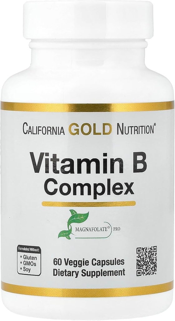 California Gold Nutrition Vitamina B Complex, Thiamin B1, Riboflavin B2, Niacin B3, Pyridoxine B6, Biotin B7, Acido Pantotenico B5 e Pro Folate B9, Senza Glutine, Non OGM, 60 capsule vegetali