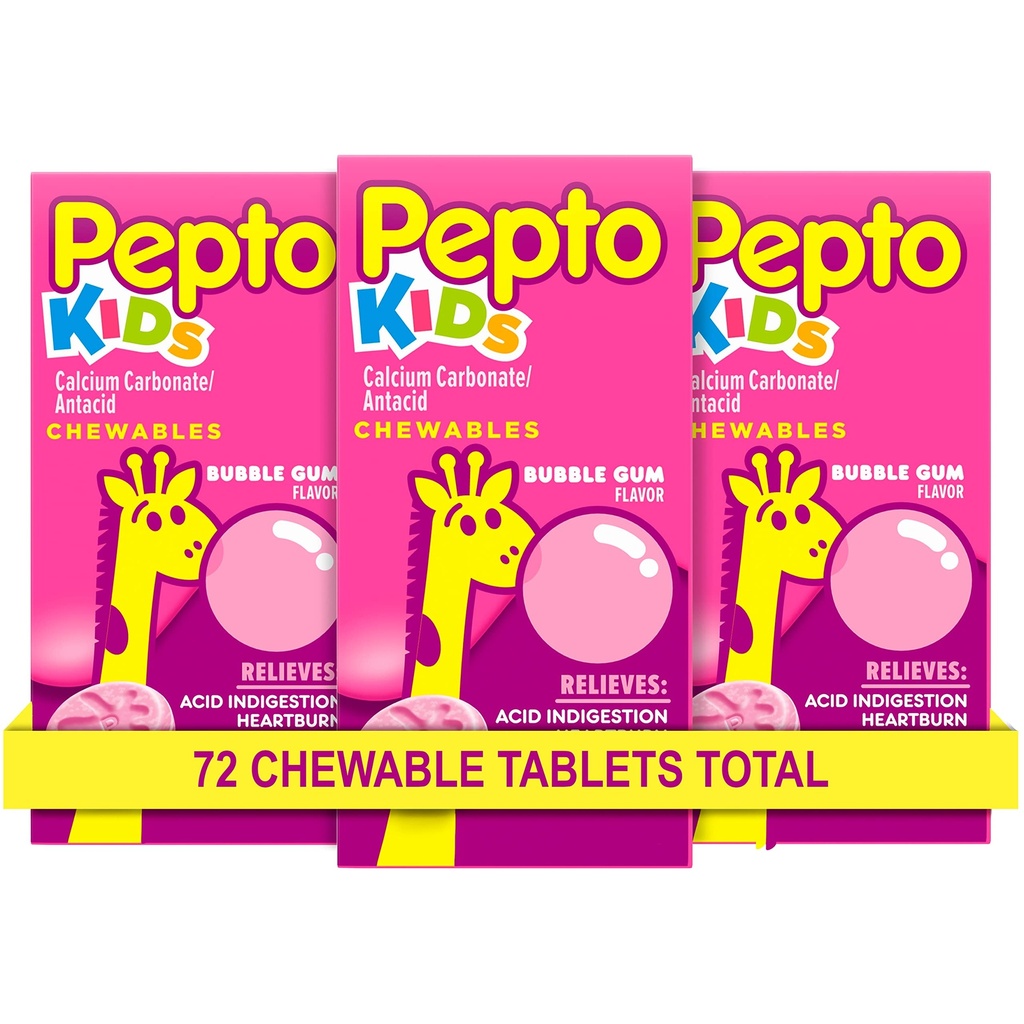 Pepto Kids Bubblegum Antacid Tablets Chewable, Upset Stomach Relief for Kids, Heartburn Relief, Acid Indigestion and Sour Stomach Relief, 72 Chewable Tablets (3x24 ct)