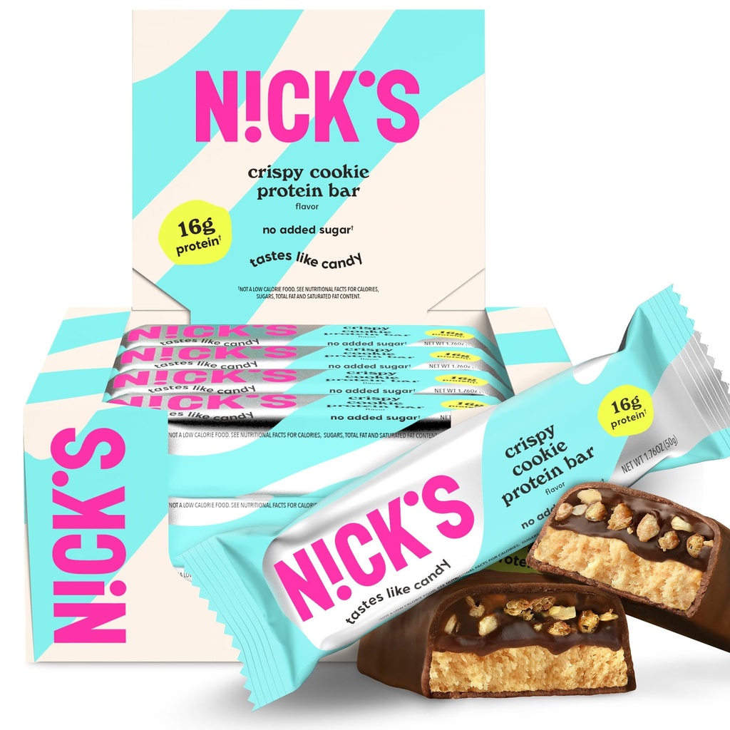 N!CK'S Protein Bars Crispy Cookie Chocolate – 12-Count Box | High Protein, Low Calories, Low Carbs, Keto Friendly, No Added Sugar (12 bars x 50g)