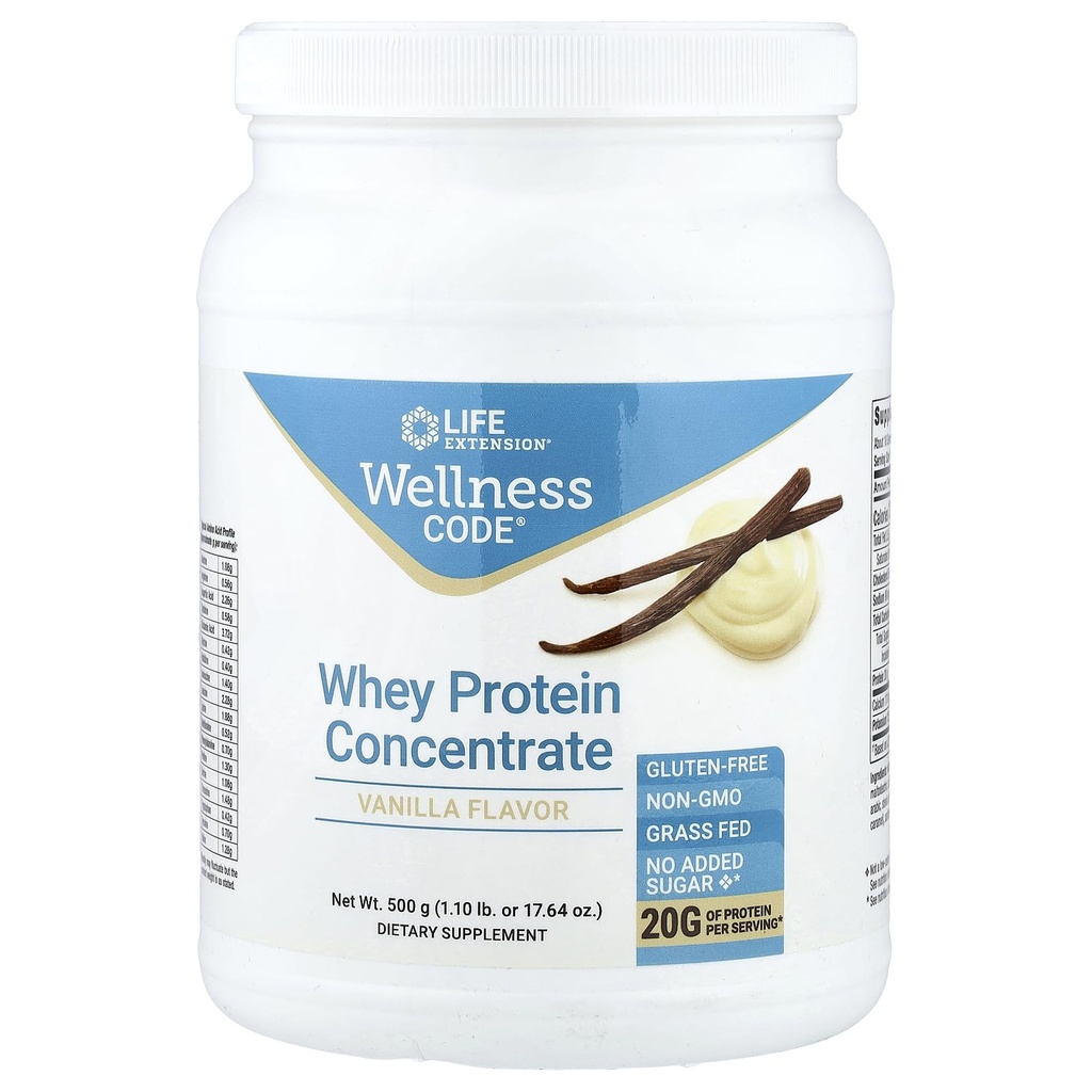 Life Extension Wellness Code Whey Protein Concentrate 20g Muscle Growth & Immune Health - Sourced From Grass-Fed, Free-Range, Hormone-Free Cows, Non-GMO, No Added Sugar, Vanilla- 500g