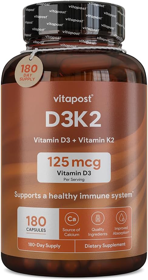 D3K2 | D3 K2 משלב ויטמין K ווויטמין D עם Calcium & BioPerine. D3 ו-K2 תוספי עצמות בריאות, לב ושרירים | 180 קפסולות