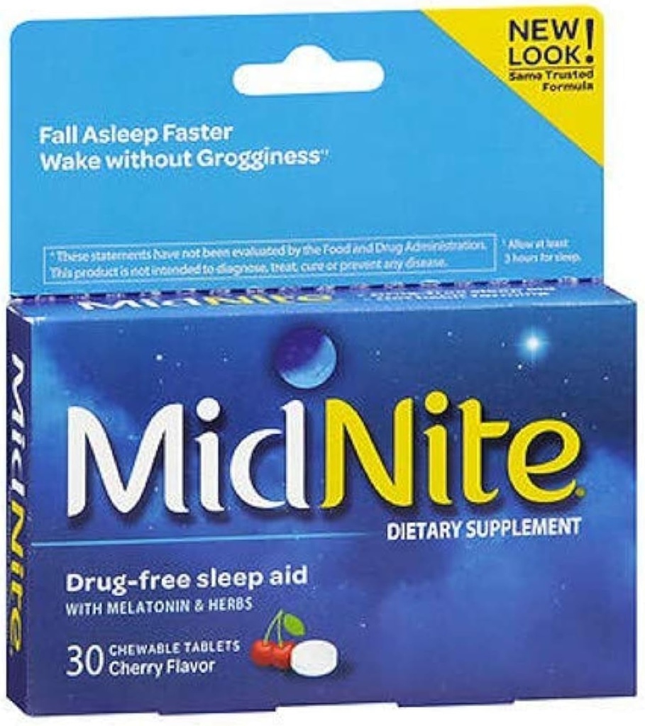 MidNite Sleep Health for Occasional Sleeplessness, 30 Chewable Cherry Tablets (Pack of 3)