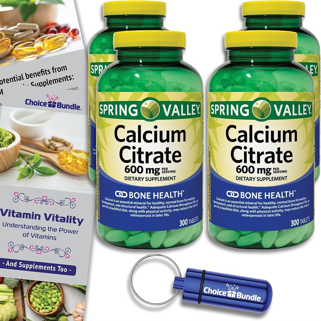 Spring Valley Calcium Citrate Tablets Dietary Supplement 600 mg 300 Ct 4 pk Choice Bundle (1200 Total) + Vitamin Guide & Pill Container (6 Items)!