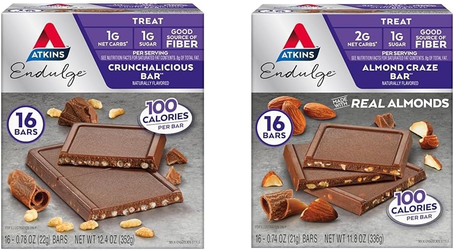 Atkins Endulge Treat Bares, Crunchalicious & Almond Craze Flavors, 1-2g Net Carbs, 1g Sugar, Good Fiber Source, Keto Friendly, 16 Conde