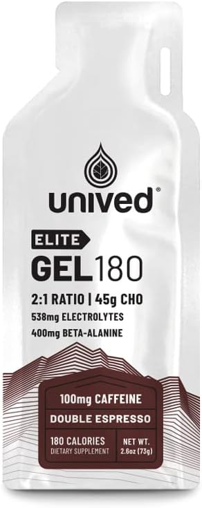 Unived Elite Gel 180-2:1 Forholdet mellom enkle og komplekse karbohydrater med Beta Alanine & Essential Electrolytes - for Endurance Athlets Runners & Cyclists -180kcal - Double Espresso - 100mg Koffein - Pakke med 6