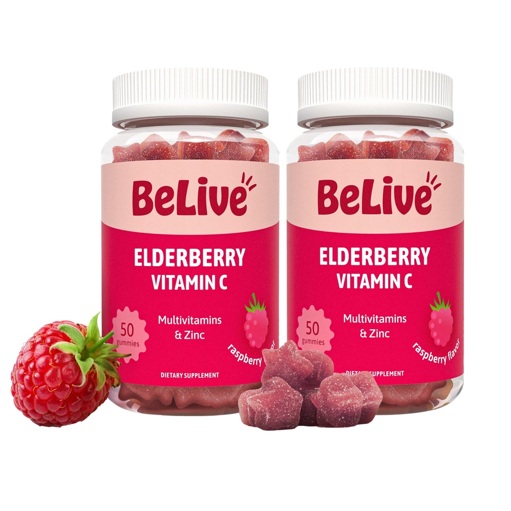 BeLive Elderberry Gummies with Zinc and Vitamin C - Immune Support Supplement with Vitamin D, A, E, B12 - Gummies for Healthy Bones & Teeth, Vegan, Keto & Non-GMO - Raspberry Flavor | 2-Pack