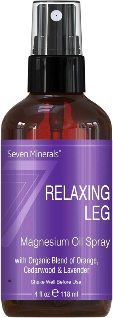 Sete minerais Relaxing Leg Spray de magnesio, poderoso Blend de aceites esenciais (Orange, Cedarwood e Lavender), que as pernas calman naturalmente. 4 fl oz.