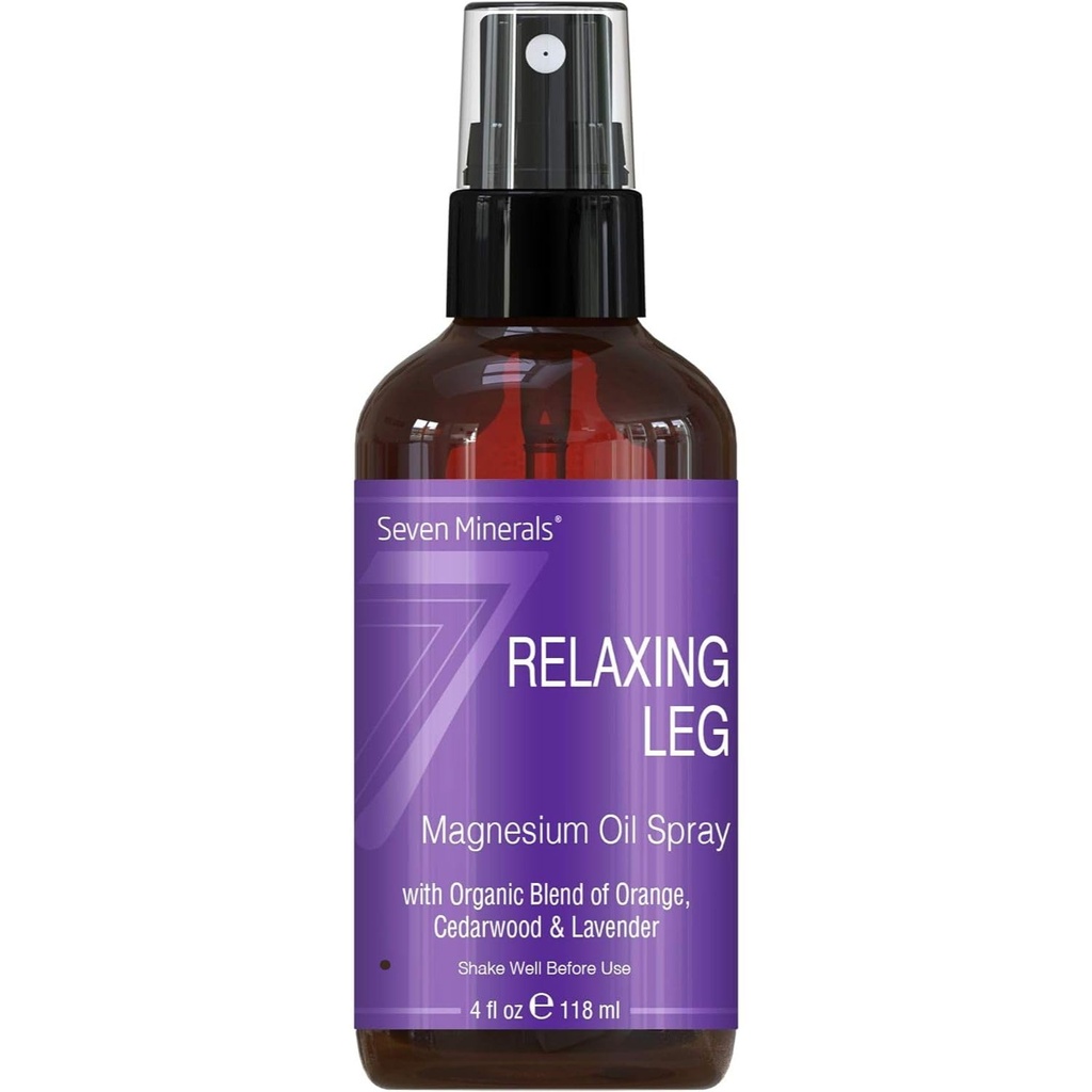 Seven Minerals Relaxing Leg Magnesium Spray, Powerful Blend of Essential Oils (Orange, Cedarwood, & Lavender), that Calms Legs Naturally. 4 fl oz,