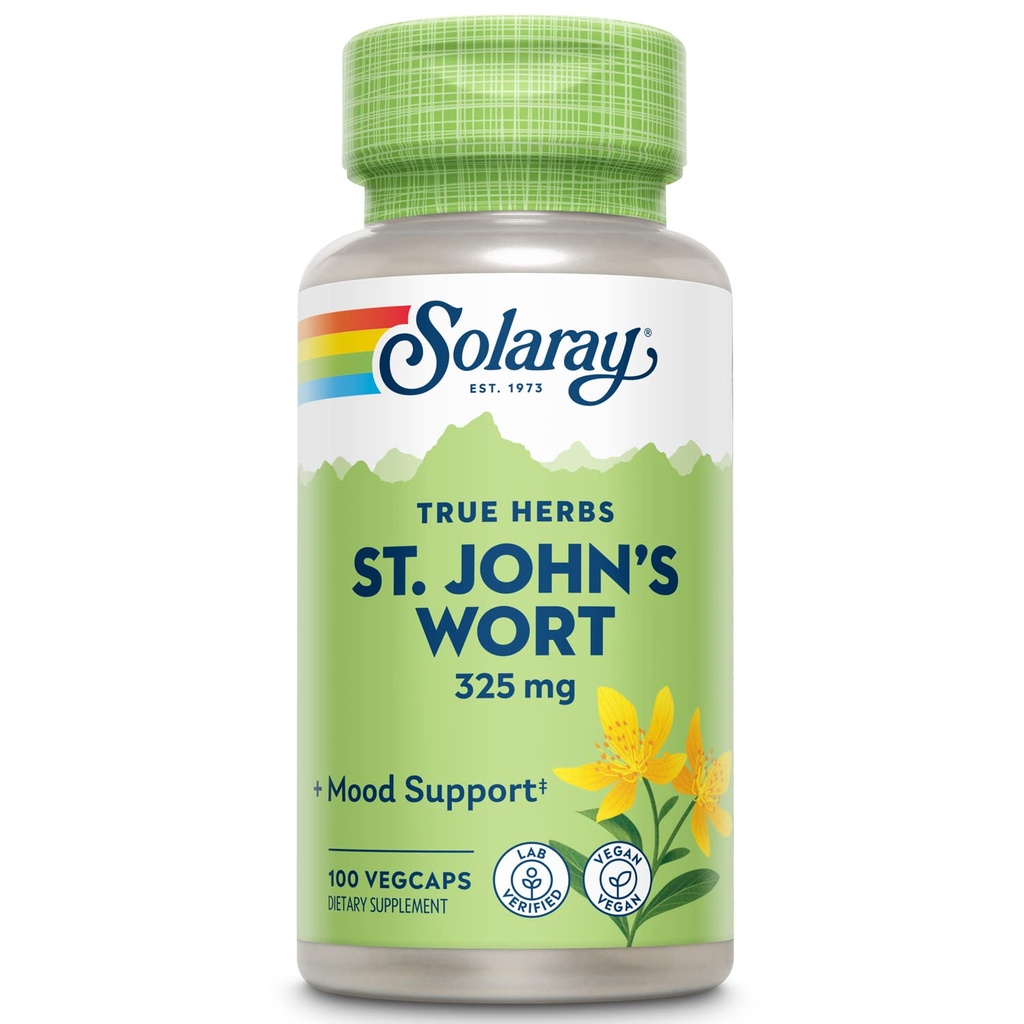 SOLARAY St Johns Wort 325 mg Whole Aerial - Health and Mood Support Supplement - 60-Day Money Back Guarantee - Non-GMO, Vegan, Lab Verified (100 CT)