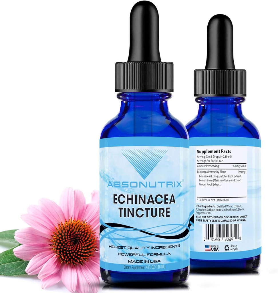 Absonutrix Echinacea Tincture מתקדם פורמולה 390 מ"ג, 4 Oz נוזל, 302 משרתים, המיוצר בארה"ב, Quick Absorption, Quality Potent Ingredients, Non-GMO, GMP Certified Facility, Cruelty-Free Products